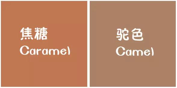 比对一下潘通色卡,就会发现焦糖宝宝比驼色要甜很多,像是咖啡色 红色