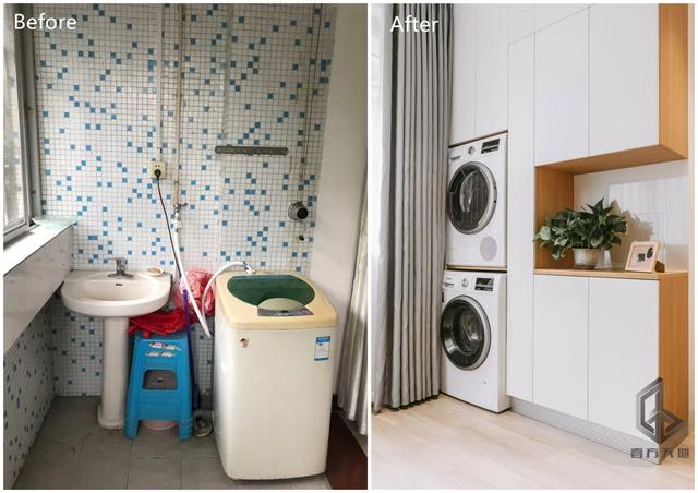 由定制柜延长阳台墙垛,嵌入洗衣机,烘干机,柜体带来