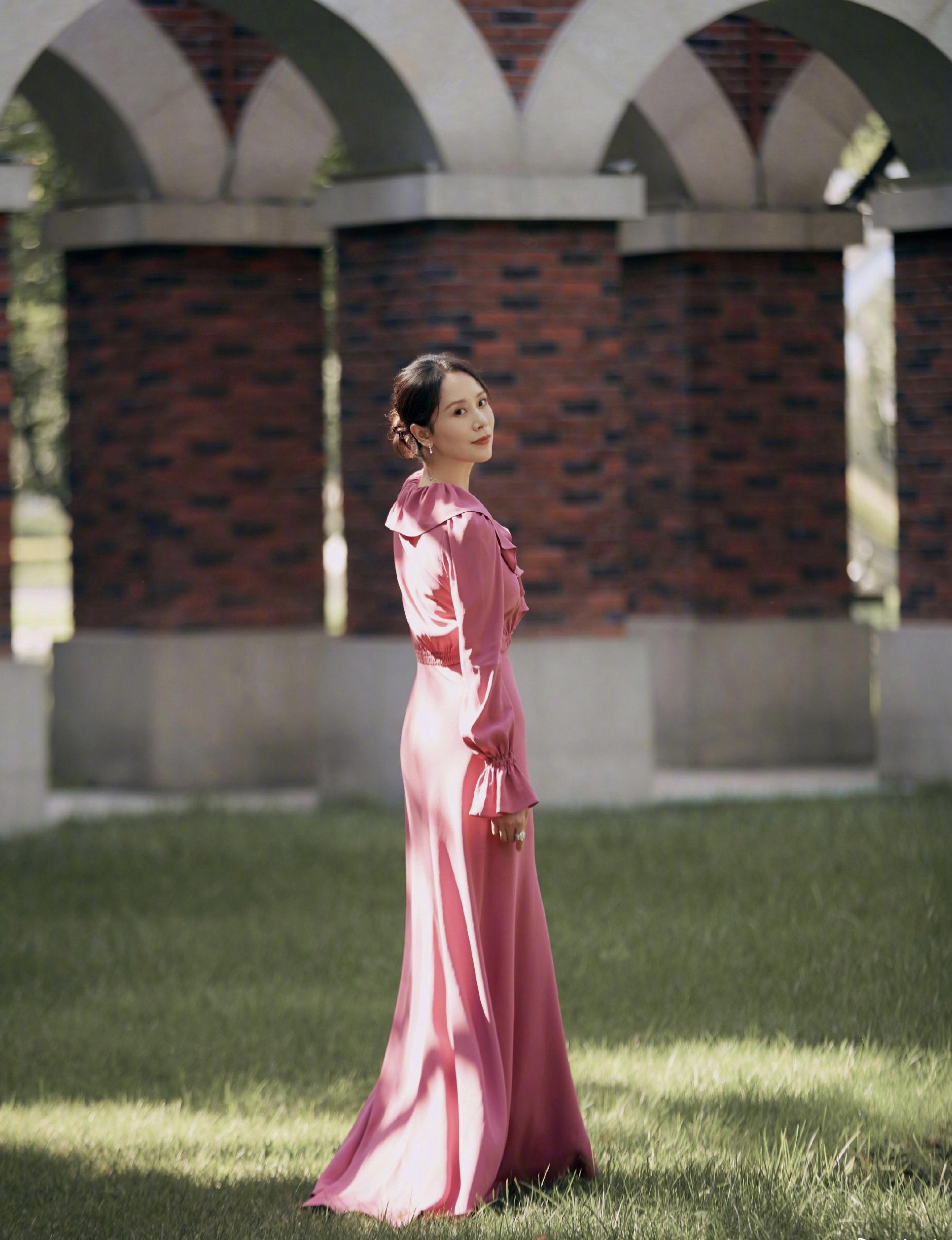 一身桃色曳地裙完美收腰,海清演绎中年着装典范,端庄优雅