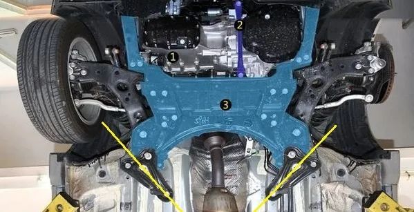 比如下图这种结构,两三角形的连接,能更有效地将副车架承受的纵向力向