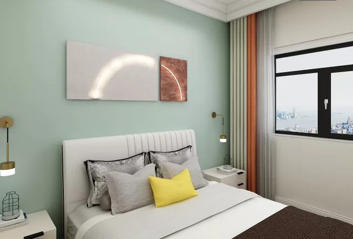 房间以原木色色为主,背景墙利用淡绿色调加深凸显跳色,起到点缀的作用