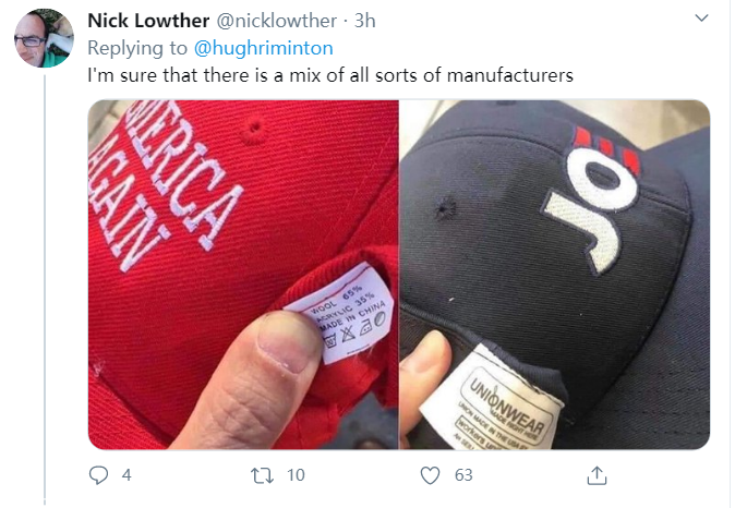 网友晒出的“中国制造”特朗普标语帽子，图源：推特