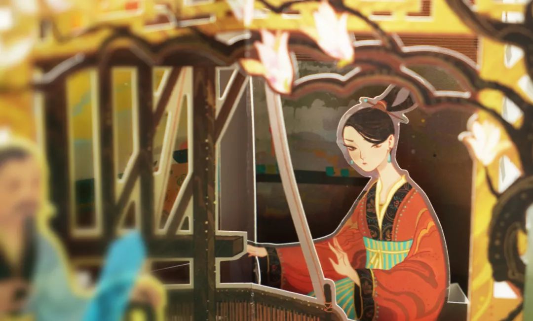 女儿装的木兰温柔秀美,身在窗前织布,心为家国忧愁.