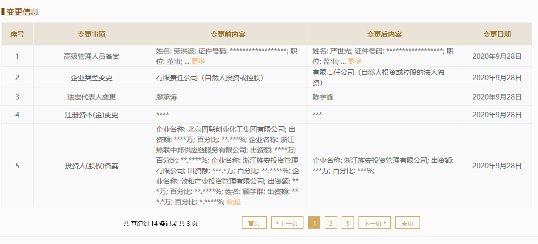 工商信息截图显示四联创业集团退出了杭州四邦化工有限公司。