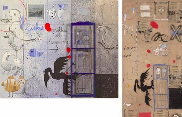左：比利时艺术家西尔万的作品，1989，右：叶永青的作品