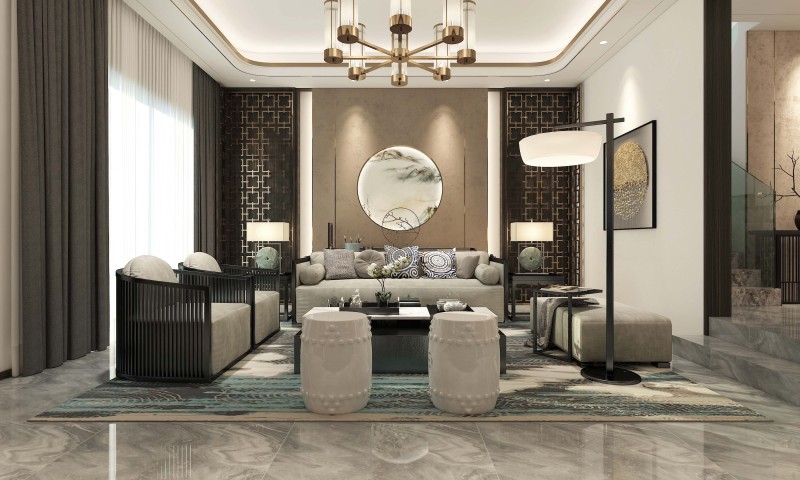 普罗理想国279平客厅沙发背景墙中式效果图