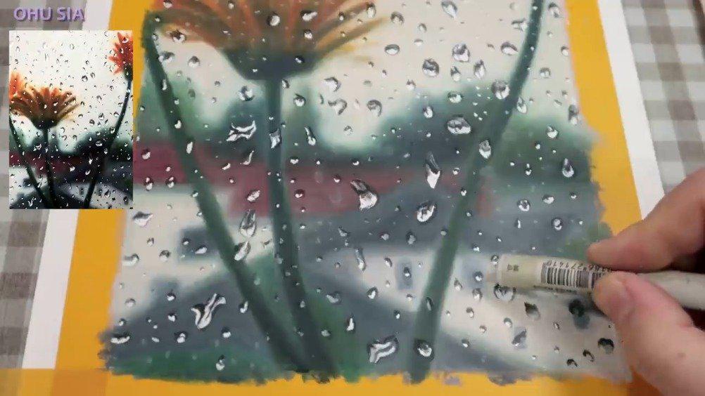 窗外的雨与花ohu Sia的油画棒作品 窗外的雨与花ohu Sia的油画棒作品