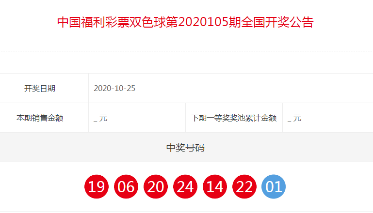 中国福利彩票双色球全国开奖公告(第2020105期)