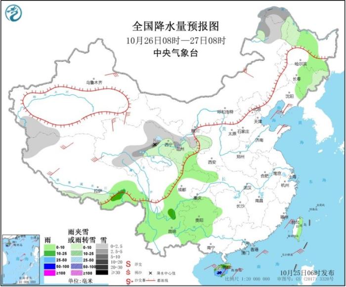 全国降水量预报图(10月26日08时-27日08时)