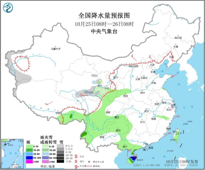 全国降水量预报图(10月25日08时-26日08时)