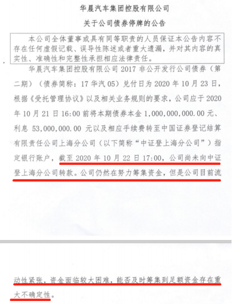 千亿资产国企爆雷：华晨集团10亿元债券违约 评级被连续下调