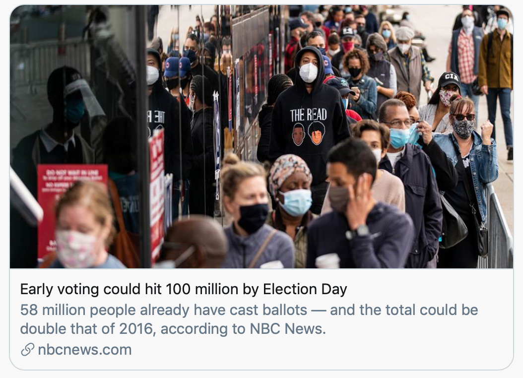 大选日前提前投票人数或将达到1亿人。/NBC报道截图
