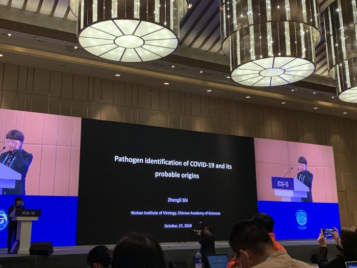 ICG-15武汉会议现场，石正丽做演讲。——21世纪经济报道记者摄