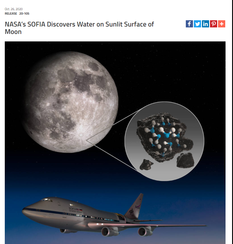 NASA26日宣布：其“索菲亚平流层红外天文台”在有阳光照射的月球表面发现了水