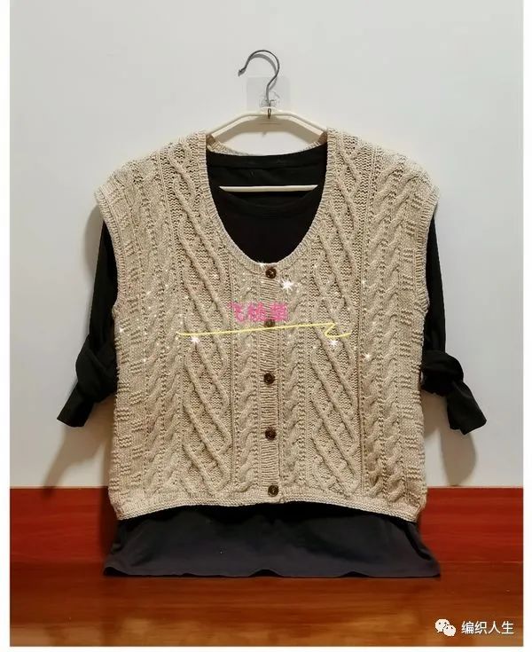 霜降阿兰花样无袖开衫式棒针背心有编织图解