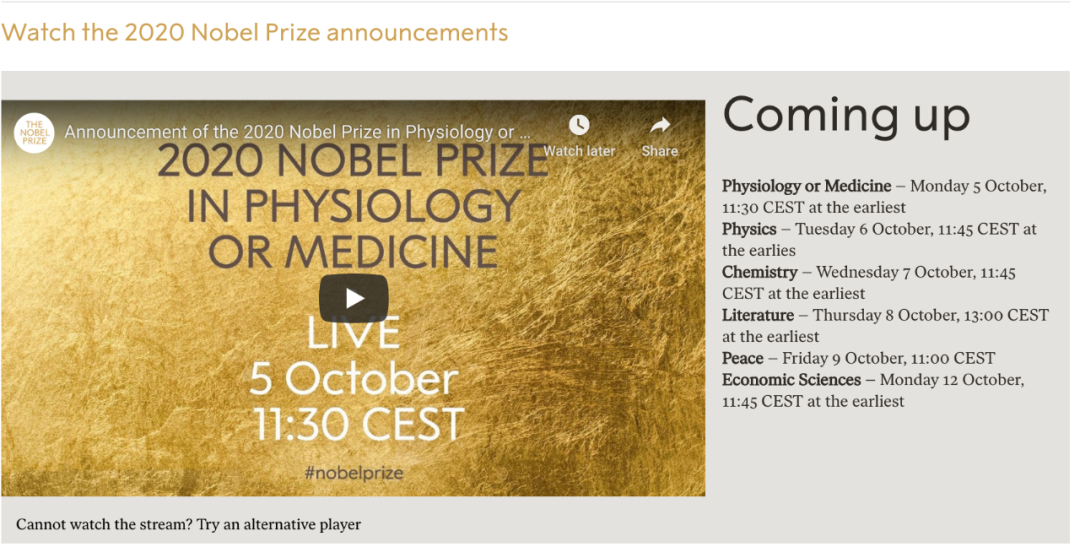 诺贝尔奖公布安排。截图自诺贝尔奖官网