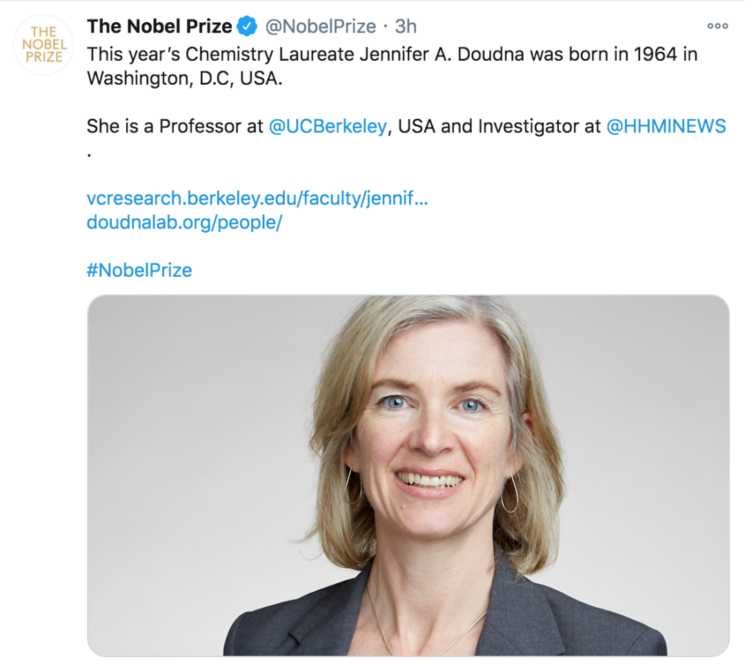 詹妮弗·杜德纳./&nbsp;诺贝尔奖官方推特截图