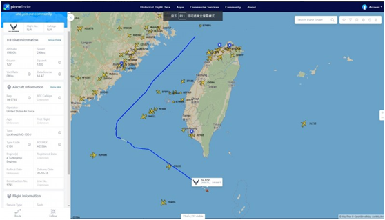 外国飞行平台上公布的美军MC-130J特种作战飞机飞越台湾海峡路线