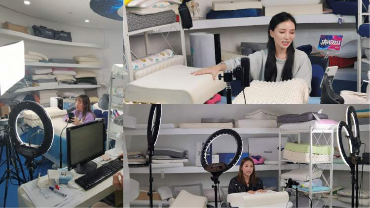 在三个不同的直播间里,主播正对着手机镜头介绍产品,三个人,三部手机