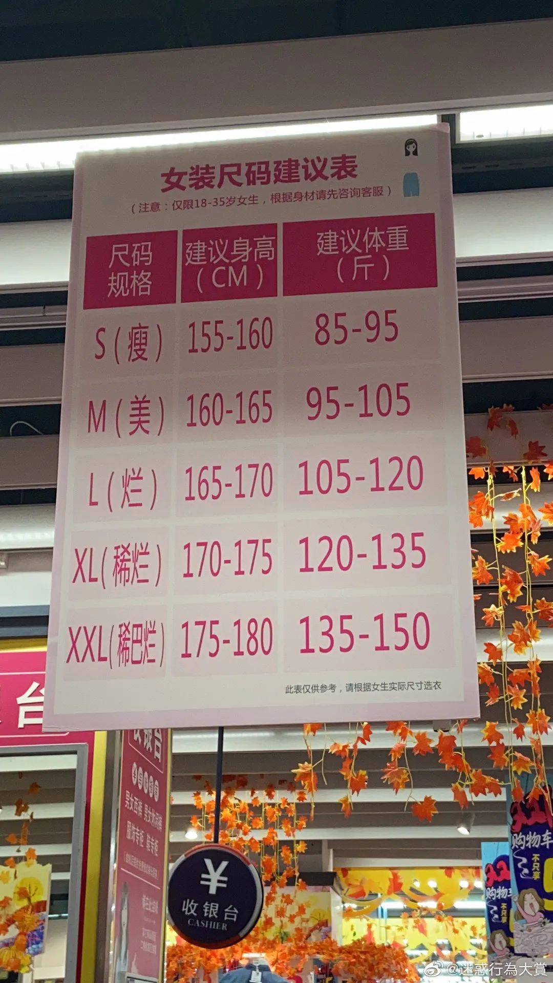 商场女装尺码建议表,出现不当言语。来源:微博“迷惑行为大赏”。