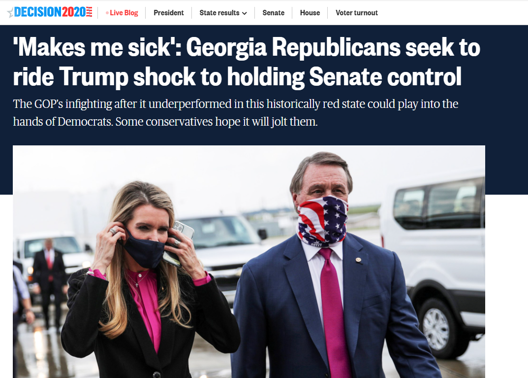 （截图来自美国NBC新闻网的报道，图中的两人是将代表共和党竞争佐治亚州两个参议院席位“加赛”阶段的政客）