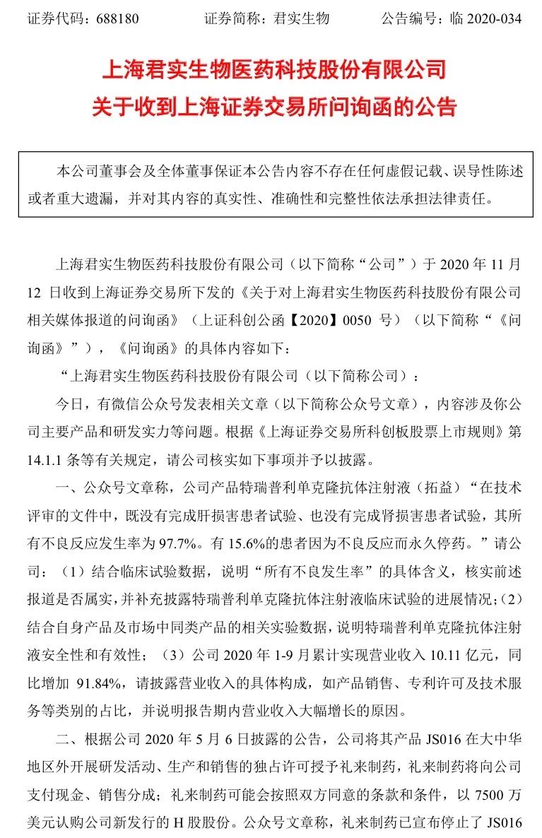 明星坠落？上市4个月暴跌66％ 千亿巨头君实生物遭上交所问询