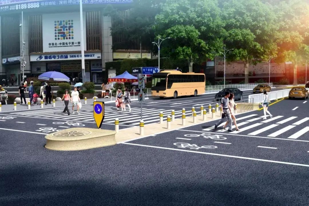 深圳华强路口交通改造效果图——二次过街安全岛.