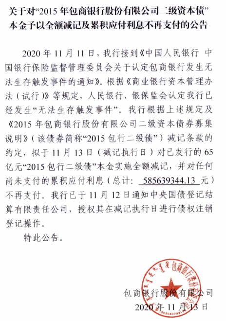 包商银行因发生“无法生存触发事件” 65亿二级债全额减记！