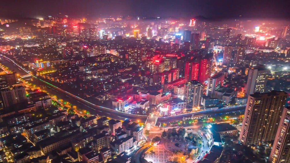 上帝视角看郴州的城市风光,日落晚霞