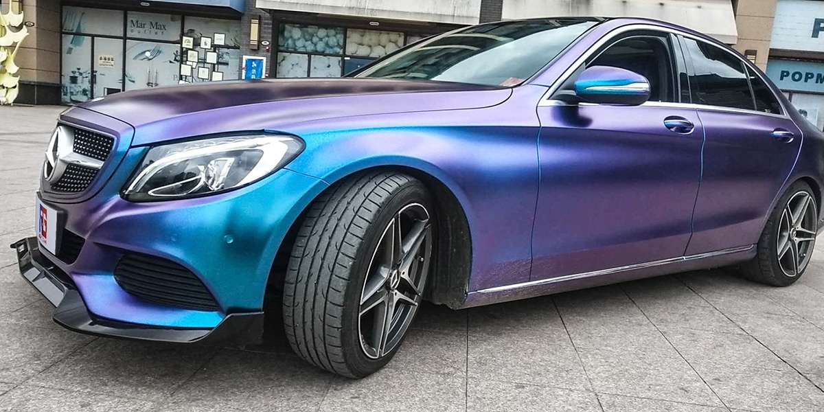 奔驰c260车身改色电光紫魅蓝rg瑞集改色膜韶关南雄
