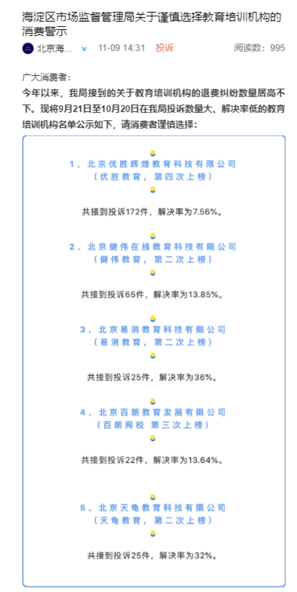 百朗网校三次上榜北京海淀区消费警示 宣称可企业代报名涉嫌违规
