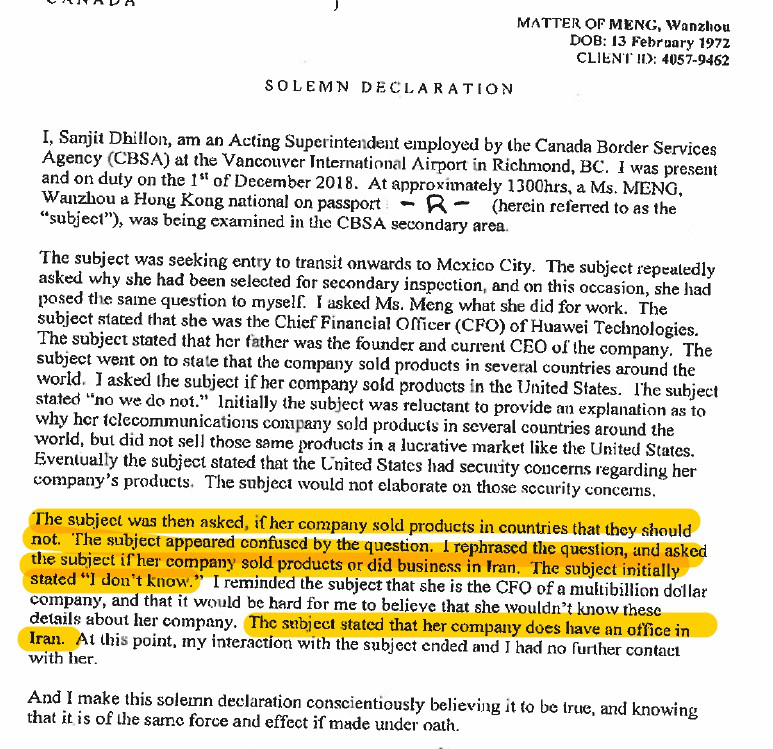 迪伦的书面证言显示他当时盘问了孟晚舟关于华为在伊朗业务的问题