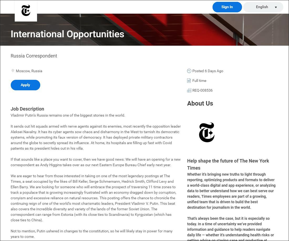 《纽约时报》“阴阳怪气”招聘驻俄记者 俄方回应绝了