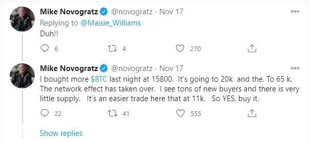 Mike Novogratz在17日留言称“是的，买它！”（图片来源：社交平台截图）