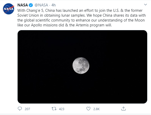 嫦娥五号发射成功 NASA立马做出表示