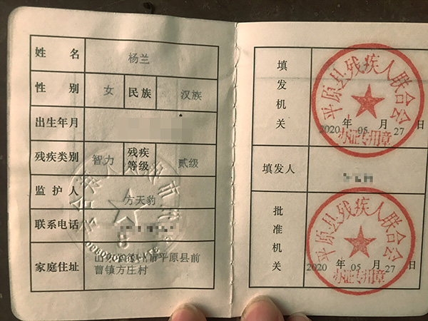 杨兰的残疾证.澎湃新闻记者沈文迪 图