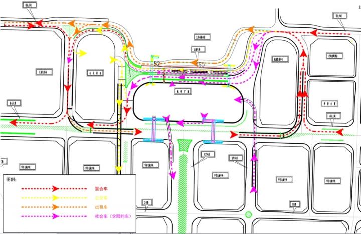 南广场改造工程完工后的交通流线图.