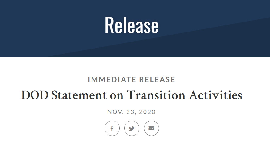 美国防部：将立即启动权力交接计划 已联系拜登团队