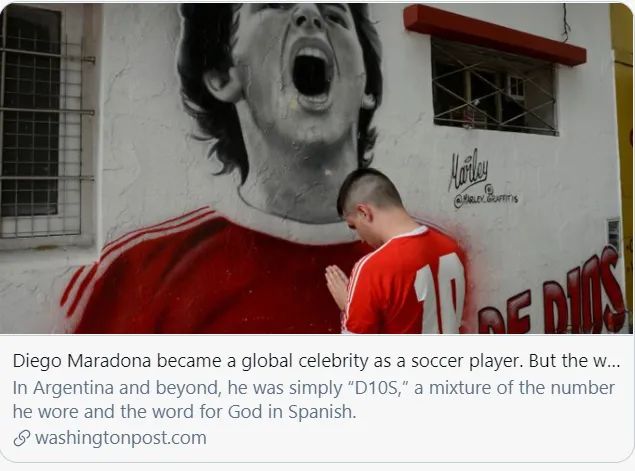 作为一名足球运动员，迭戈·马拉多纳成为了全球名人，但世界对他的记忆远不止如此。/ 《华盛顿邮报》报道截图