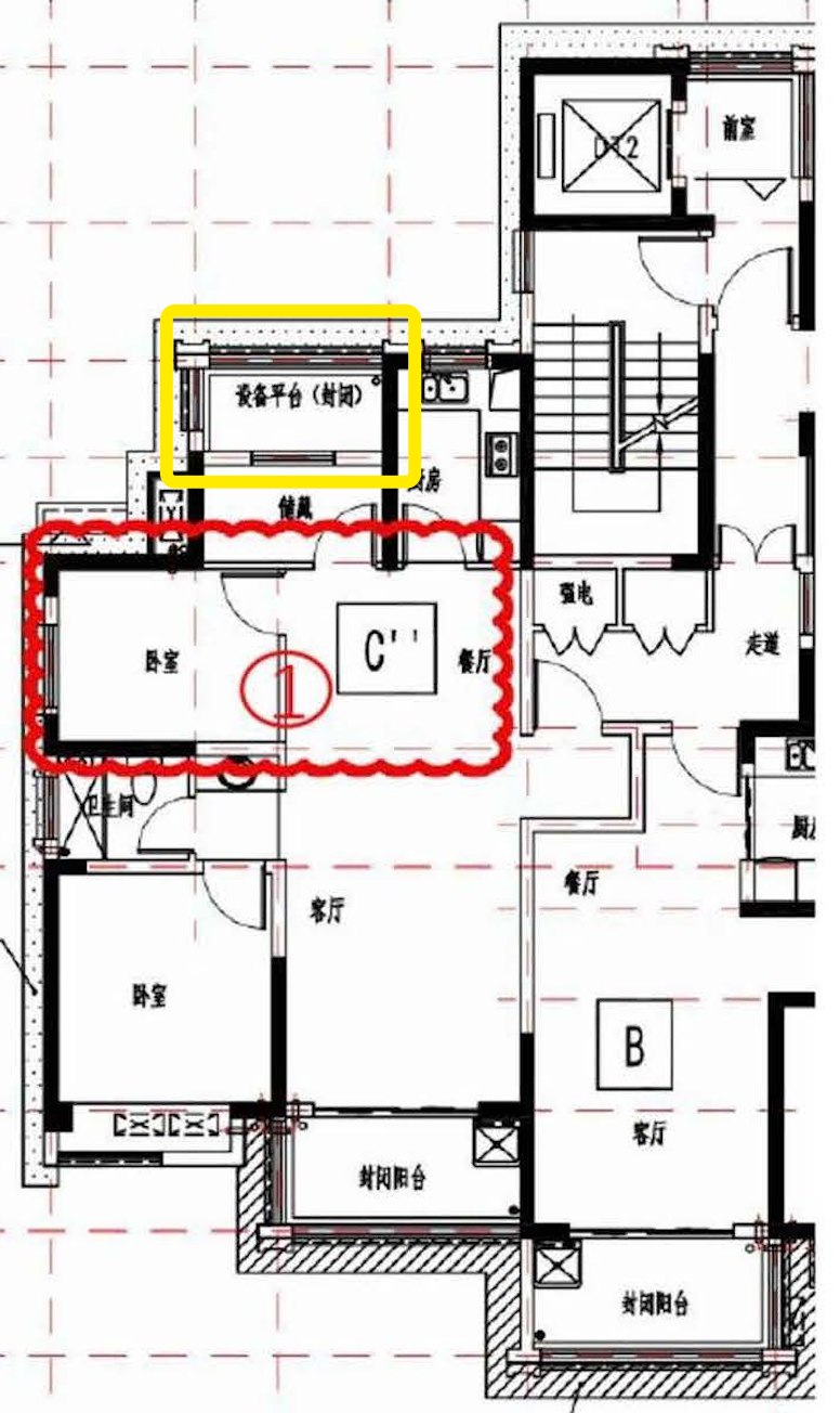 黄色框内为室内的“设备平台”，即空调外机放置处（图片来源：南京市规划和自然资源局）