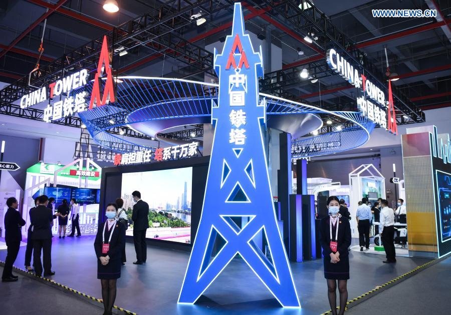 Photo taken on Nov. 26, 2020 shows the booth of China Tower at a 5G-themed exhibition held during the World 5G Convention in Guangzhou, south China's Guangdong Province. The 2020 World 5G Convention kicked off in Guangzhou Thursday, during which world-renowned infocom scientists, 5G service providers and 5G application adopters will exchange ideas on aspects of cutting-edge technologies, industrial development trends and innovative applications in 5G industry. (Xinhua/Deng Hua)