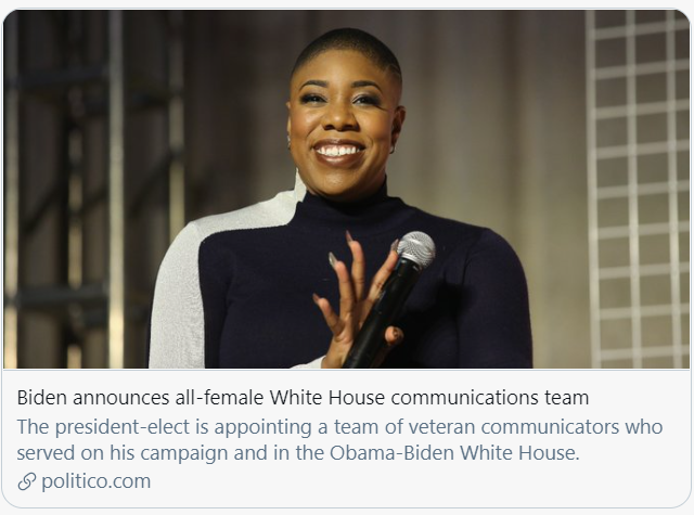 拜登任命全员女性的通讯团队，其中大部分都曾在奥巴马政府任职。/Politico报道截图