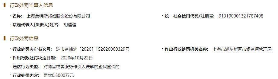 美邦服饰“虚假宣传”遭监管部门处罚 曾因产品不合格等多次被罚