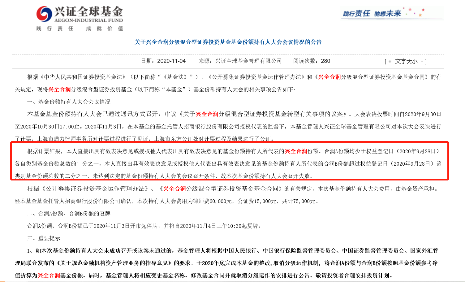 30万红包白发了 兴全合润分级基金持有人大会召开失败