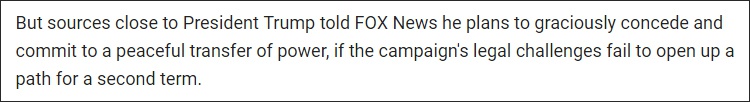 福克斯新闻称，消息人士透露特朗普愿意在诉讼无望的情况下承认败选