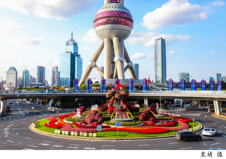 "浦东开发开放30周年"大型立体花坛亮相陆家嘴环岛|陆家嘴|花坛|浦东