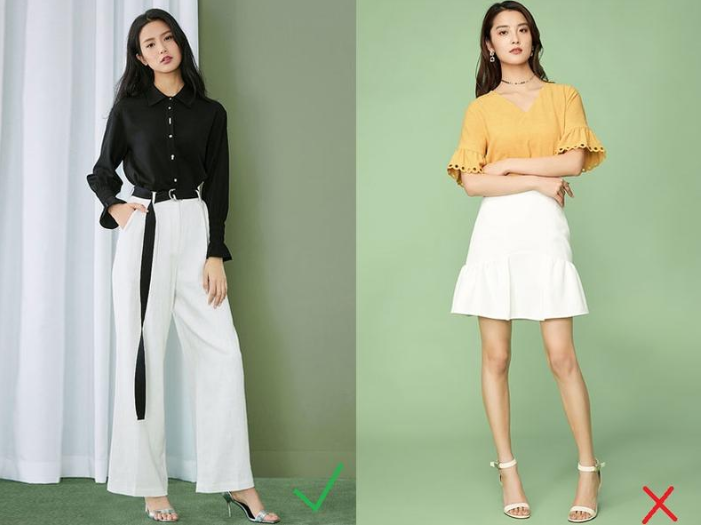 白色具有膨胀的效果,阔腿裤和a字裙也符合上面第二点讲到的扩张效果