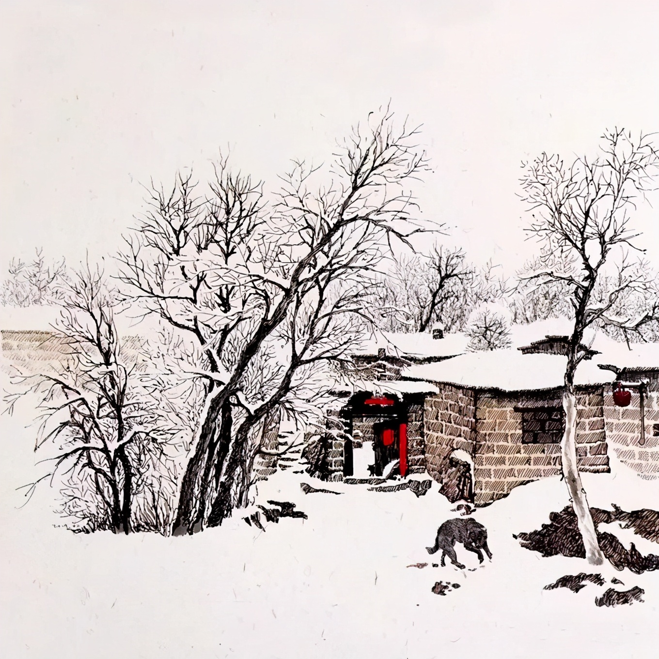 他用钢笔画出的古村落雪景饱含着一种浓浓的乡情记忆