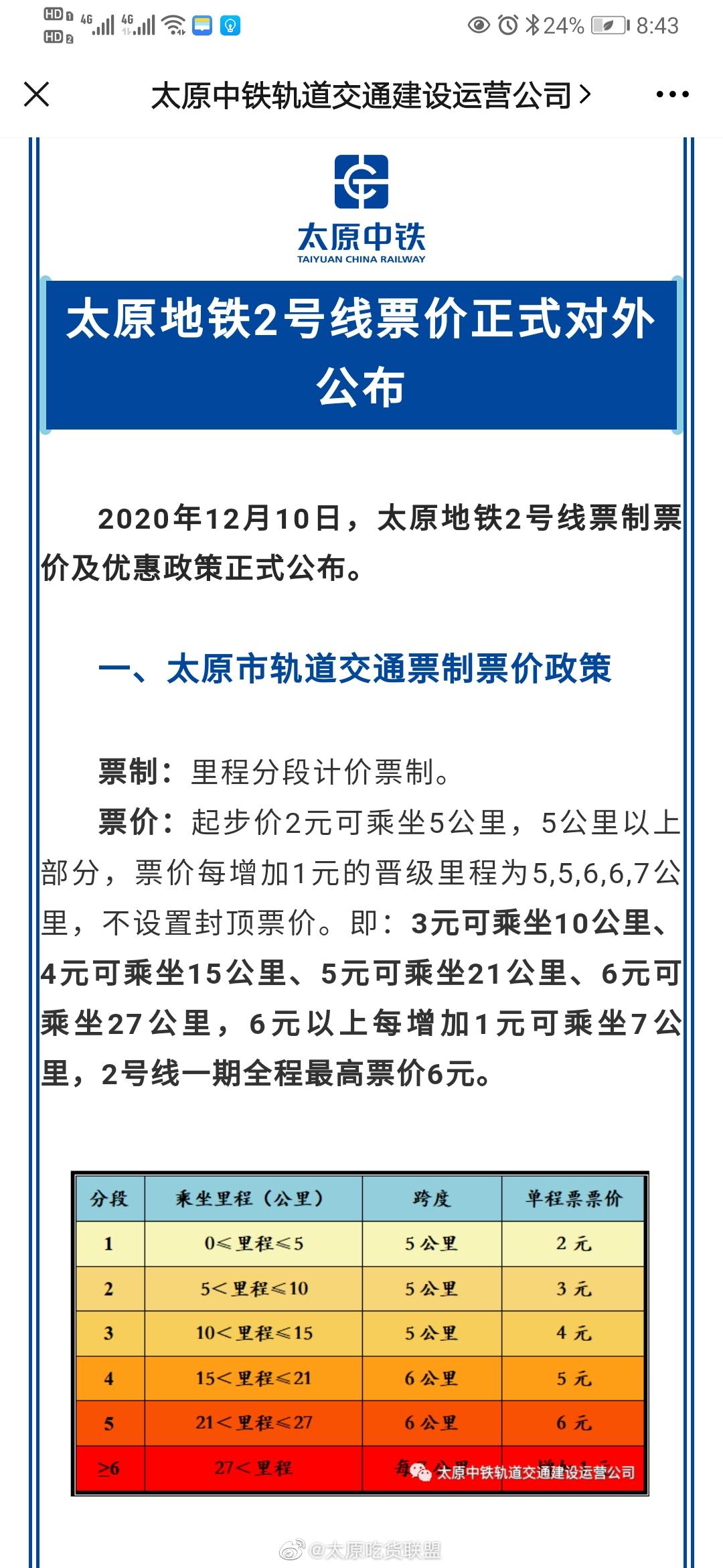 太原 地铁票价公布啦