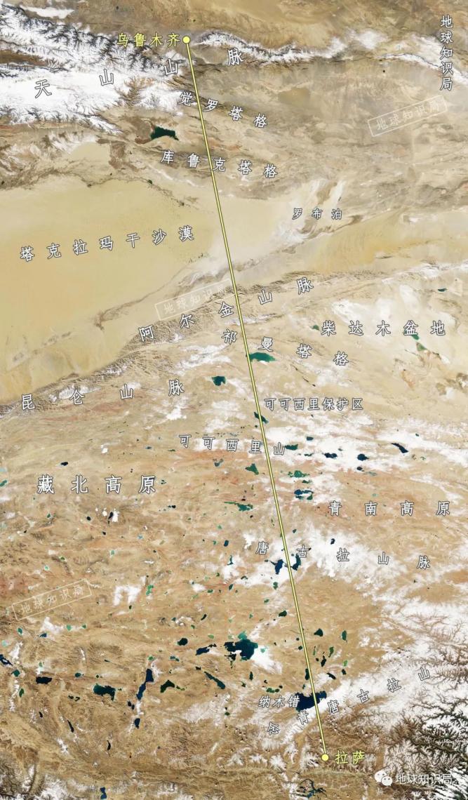 乌鲁木齐——拉萨这条线周边，城镇非常之少（底图：NASA）